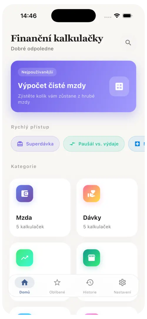 Finanční kalkulačky - hlavní obrazovka